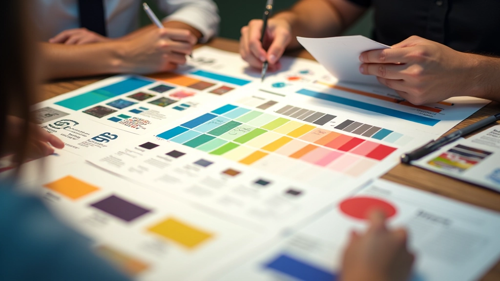 Palette di colori disposta su tavolo di design con campioni di tonalità complementari e contrasti