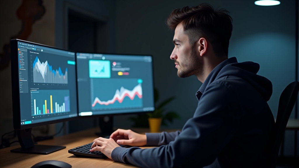 Designer che lavora a desk con monitor che mostra timeline di animazione e interfaccia software professionale, studio luminoso