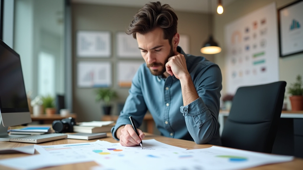 Designer che lavora su uno script narrativo con note su grafici e timeline di animazione