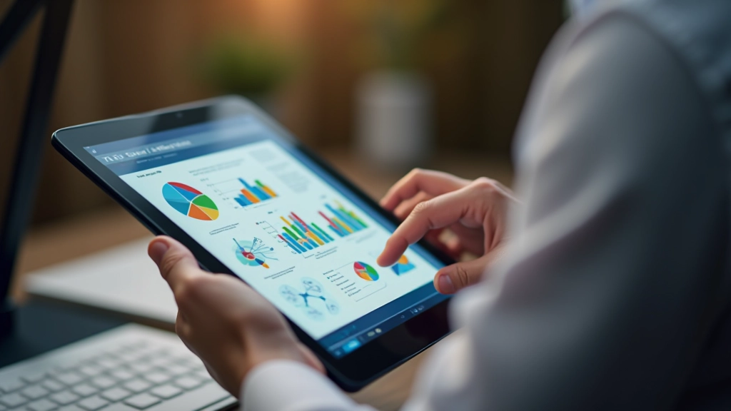 Mani di un designer che lavora su un tablet con software di progettazione infografica