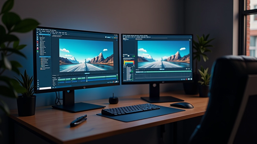 Studio moderno con workstation per animazione infografica, software di motion graphics visibile, monitor acceso con timeline di editing