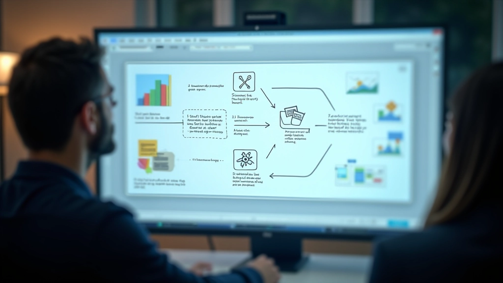 Sequenza di schermate che mostra il flusso di lavoro da concept a output finale con icone di transizione tra step